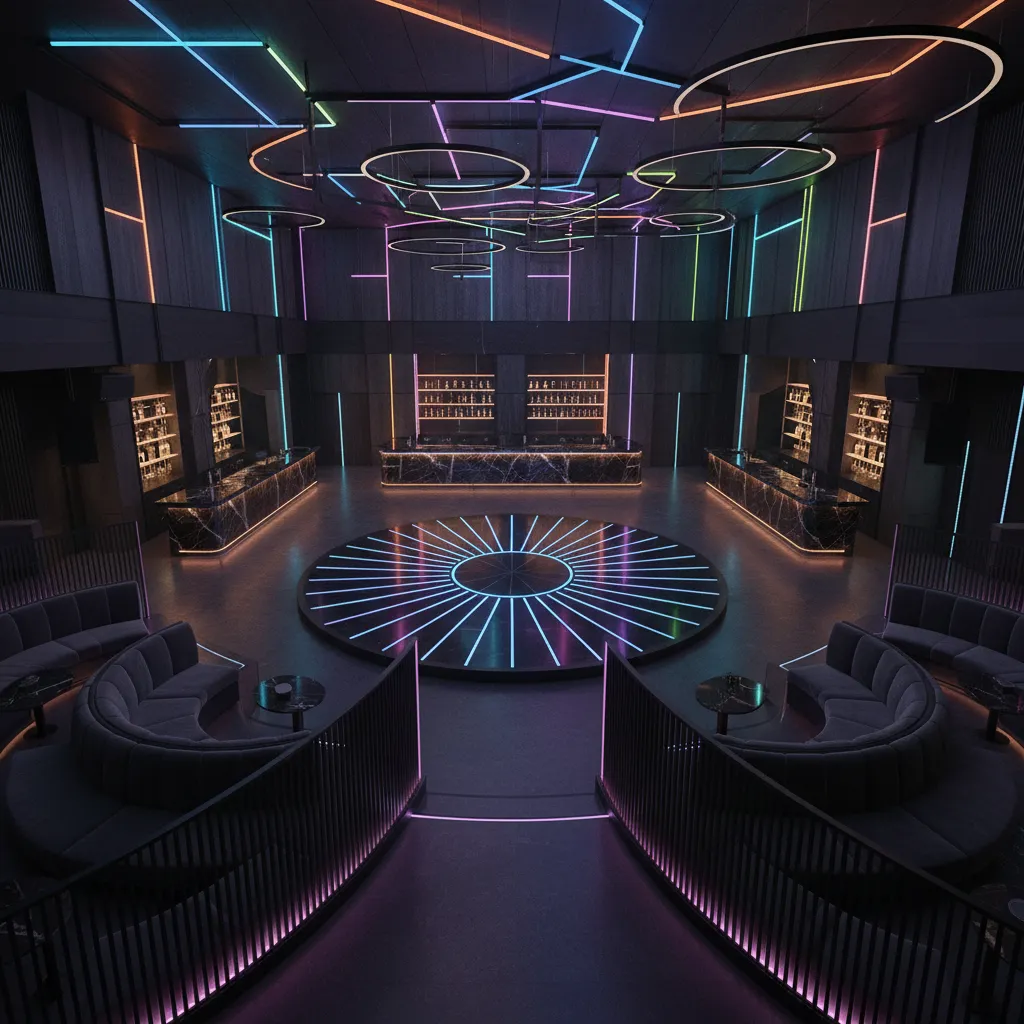 Diseño interior de discoteca con pista central y zonas lounge