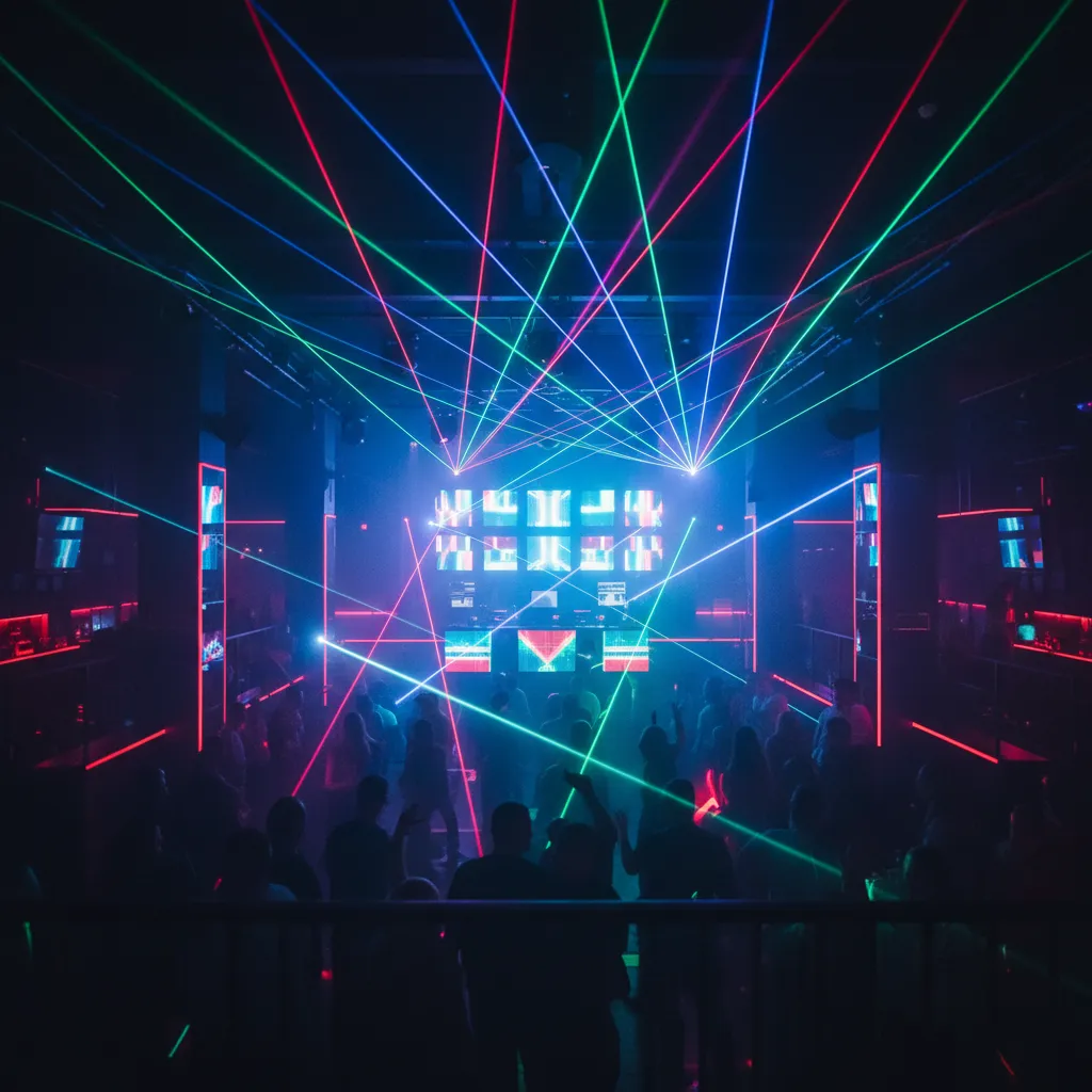 Sistema de iluminación LED y láser en una discoteca moderna