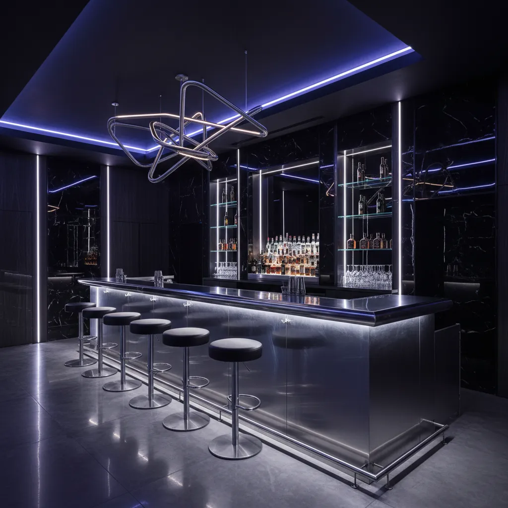 Barra de discoteca con materiales metálicos y superficies reflectantes