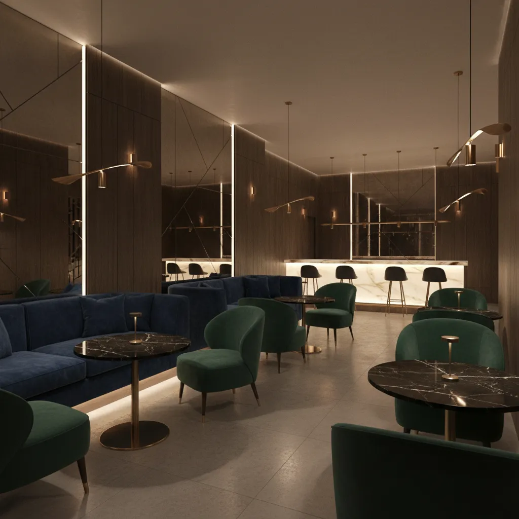 Comfortable nightlife lounge seating area inside modern club