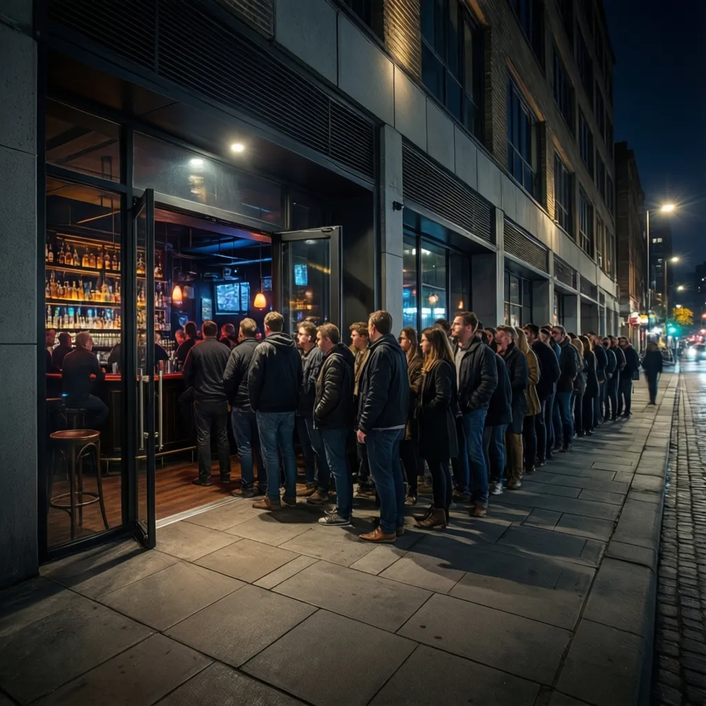 People waiting in line outside a busy nightlife venue at night