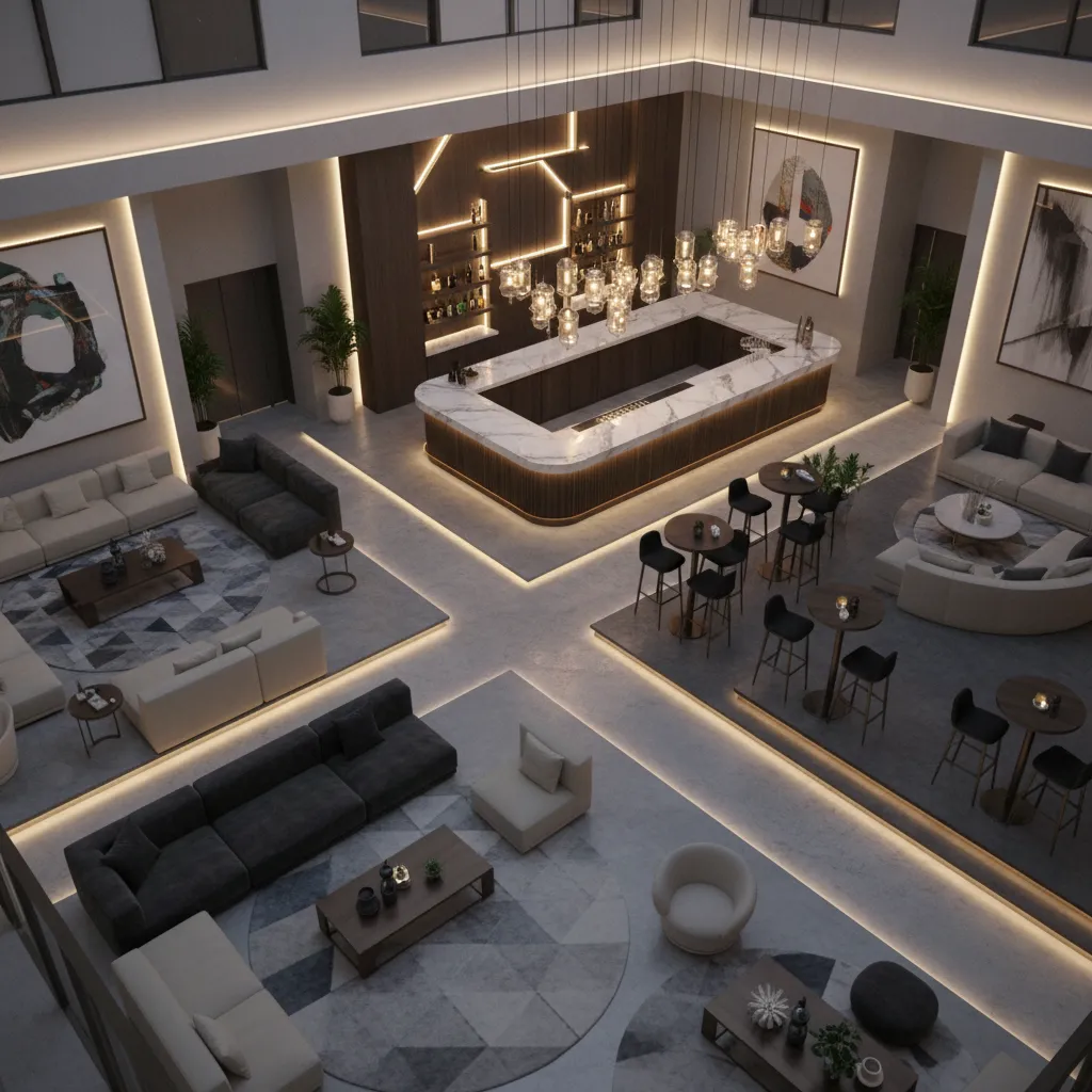 Open nightlife venue layout with multiple seating zones and social areas