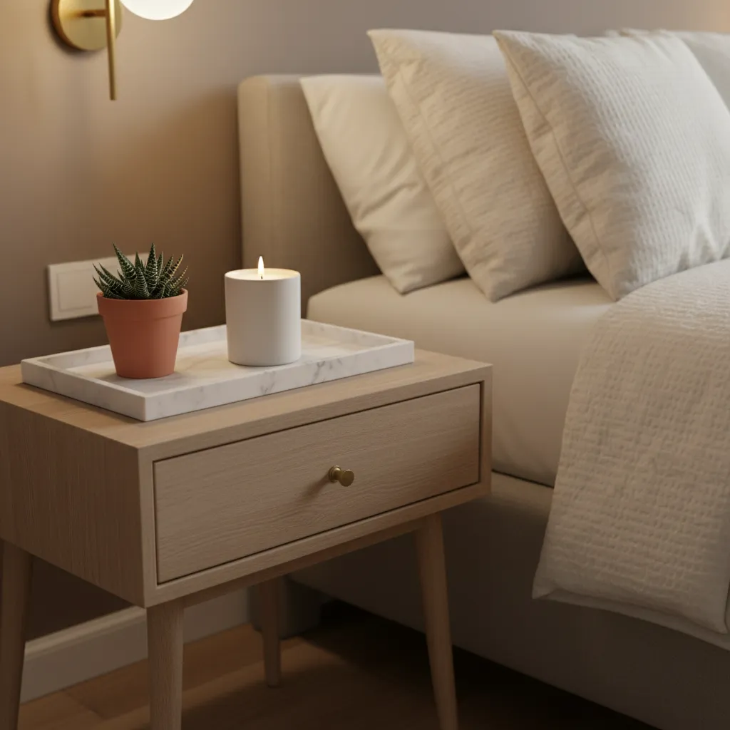Bedroom nightstand decorated with marble tray candle and plant
