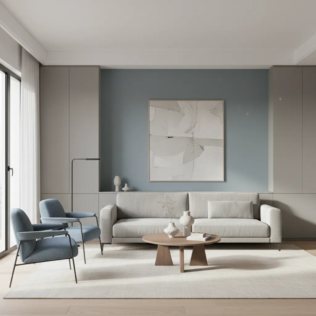 Living room wall colour palette with neutral grey green and blue tones
