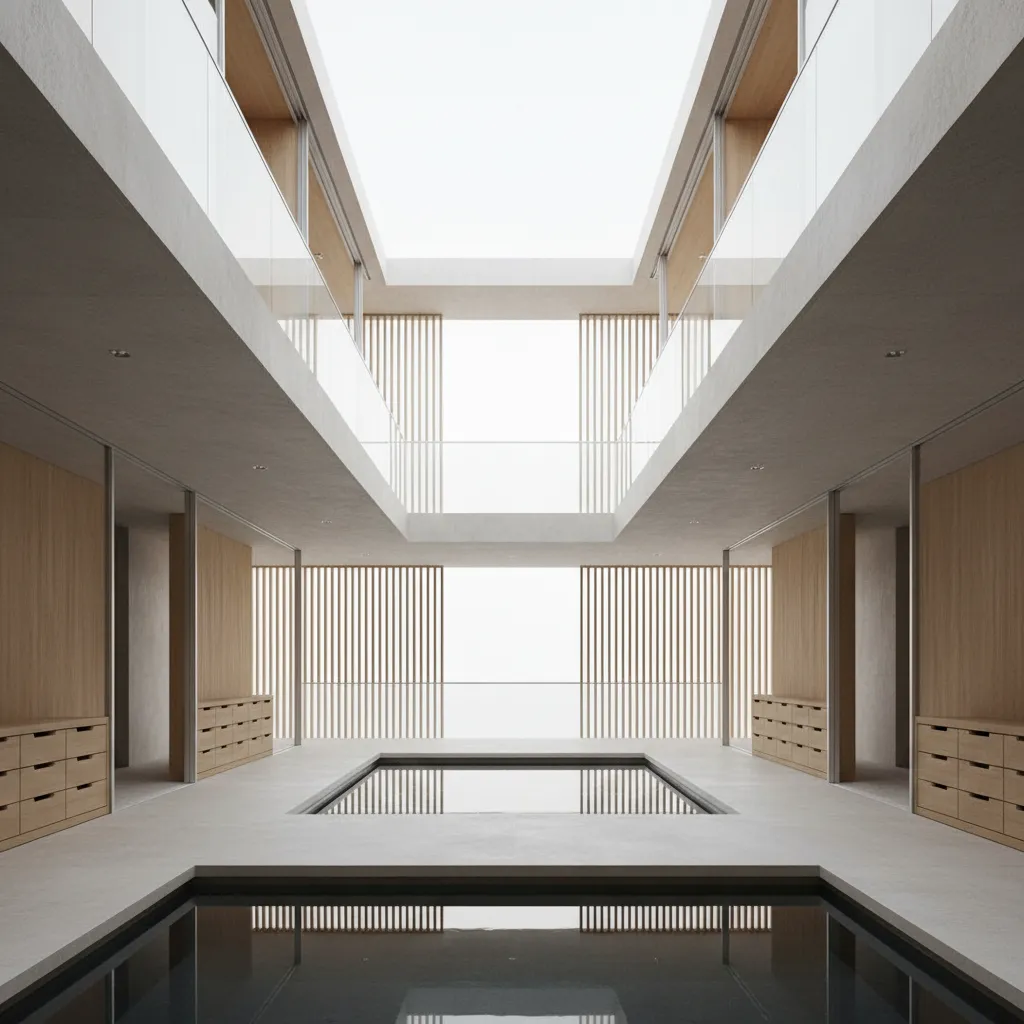 Minimalist interior design drawing showing a courtyard with water feature wooden walls and natural light