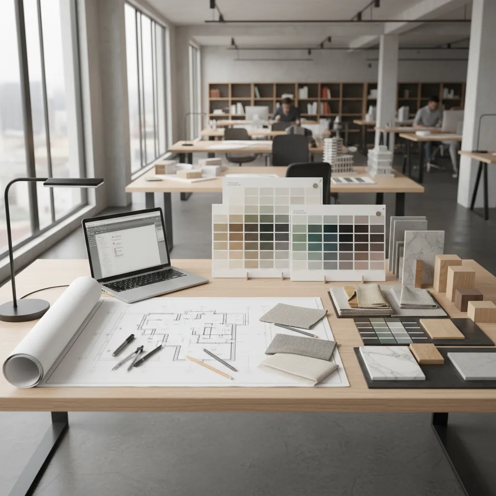 Professional workspace in a studio with large windows, desks, floor plans, and color palette samples