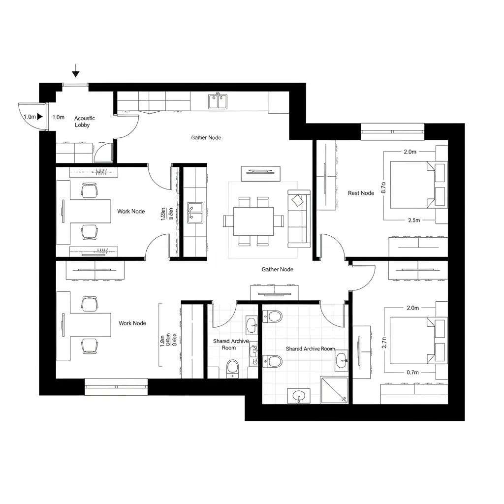 Top-down CAD plan of clustered nodes separated by quiet buffers