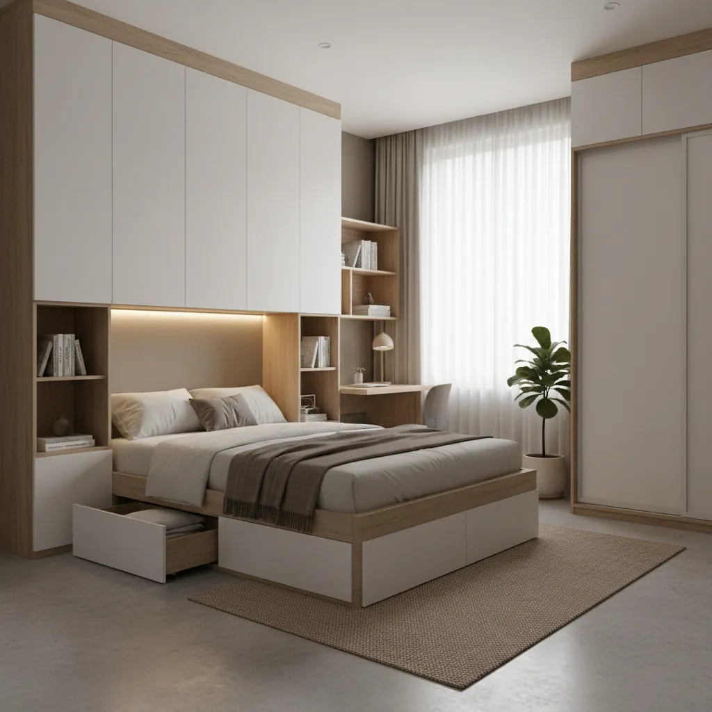 Minimalist bedroom featuring built in white cabinets wooden bed with drawers desk and green plant