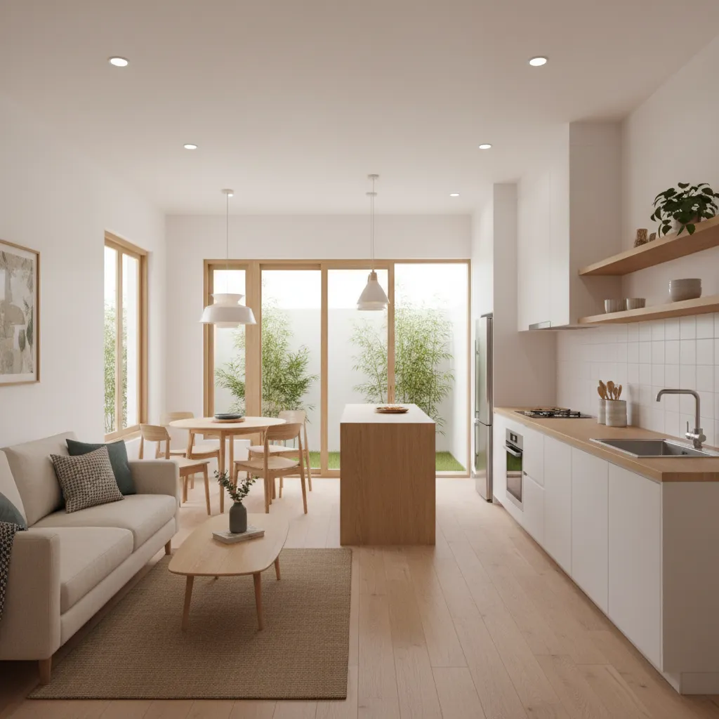 Không gian phòng khách bếp mở trong nhà cấp 4 5x20