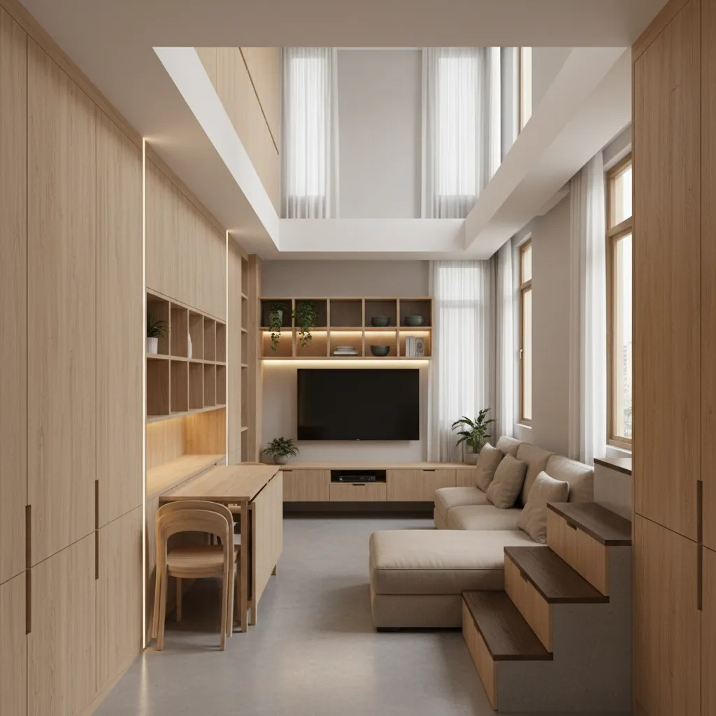 Small modern living room layout featuring beige sofa wooden desk cabinets and high ceiling windows