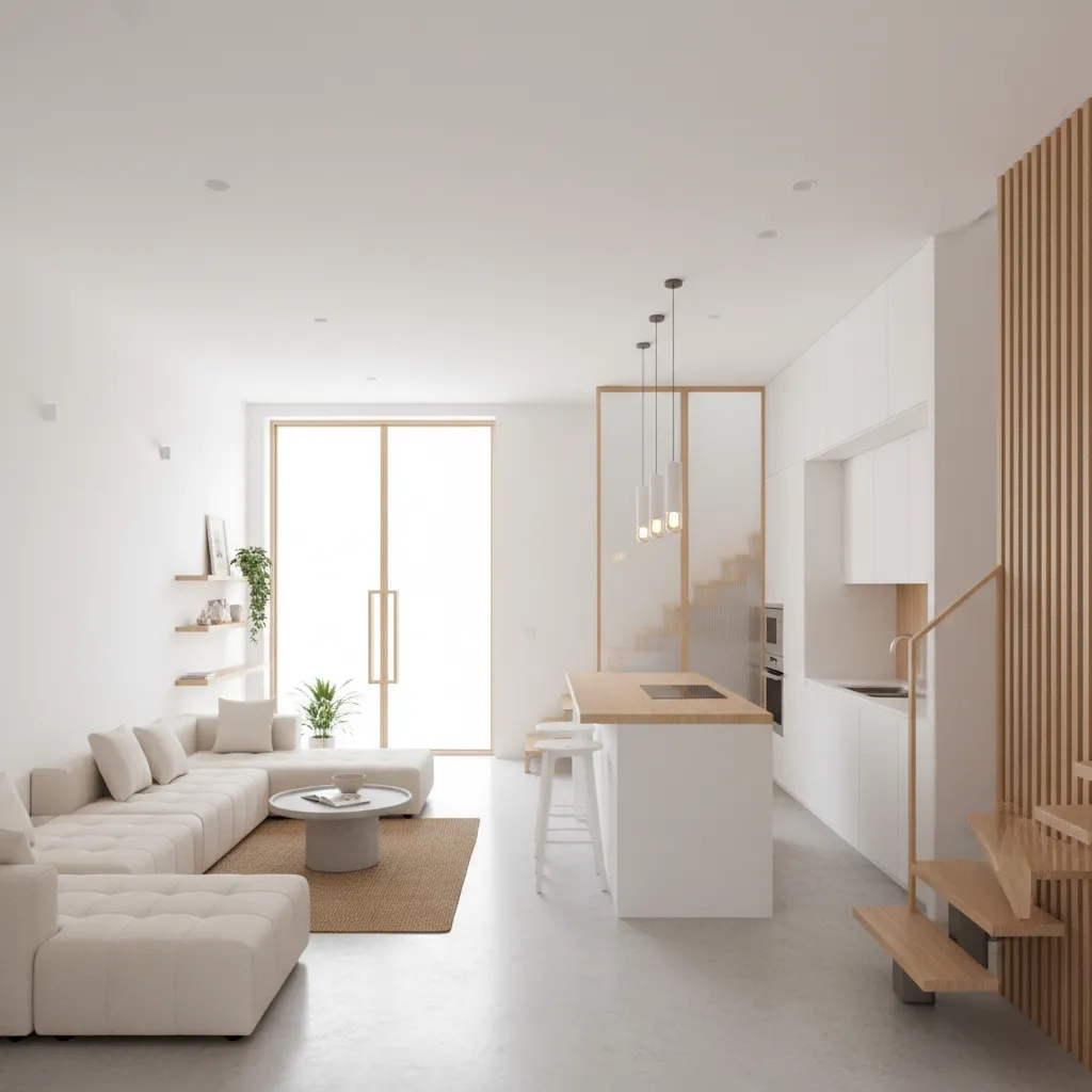 Không gian phòng khách và bếp nhà ống mặt tiền 4m thiết kế mở