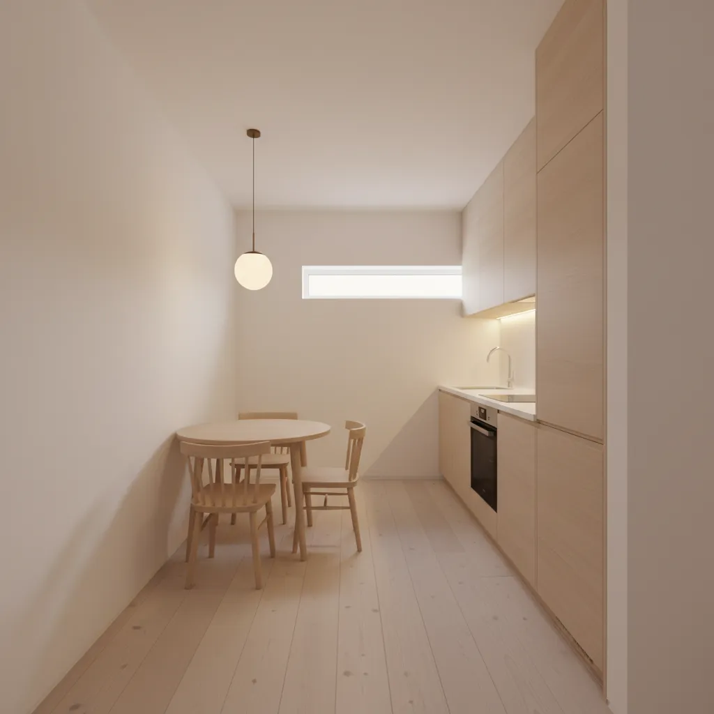 Minimalist kitchen design featuring light wood cabinets, round dining table, white walls, and ceiling light.