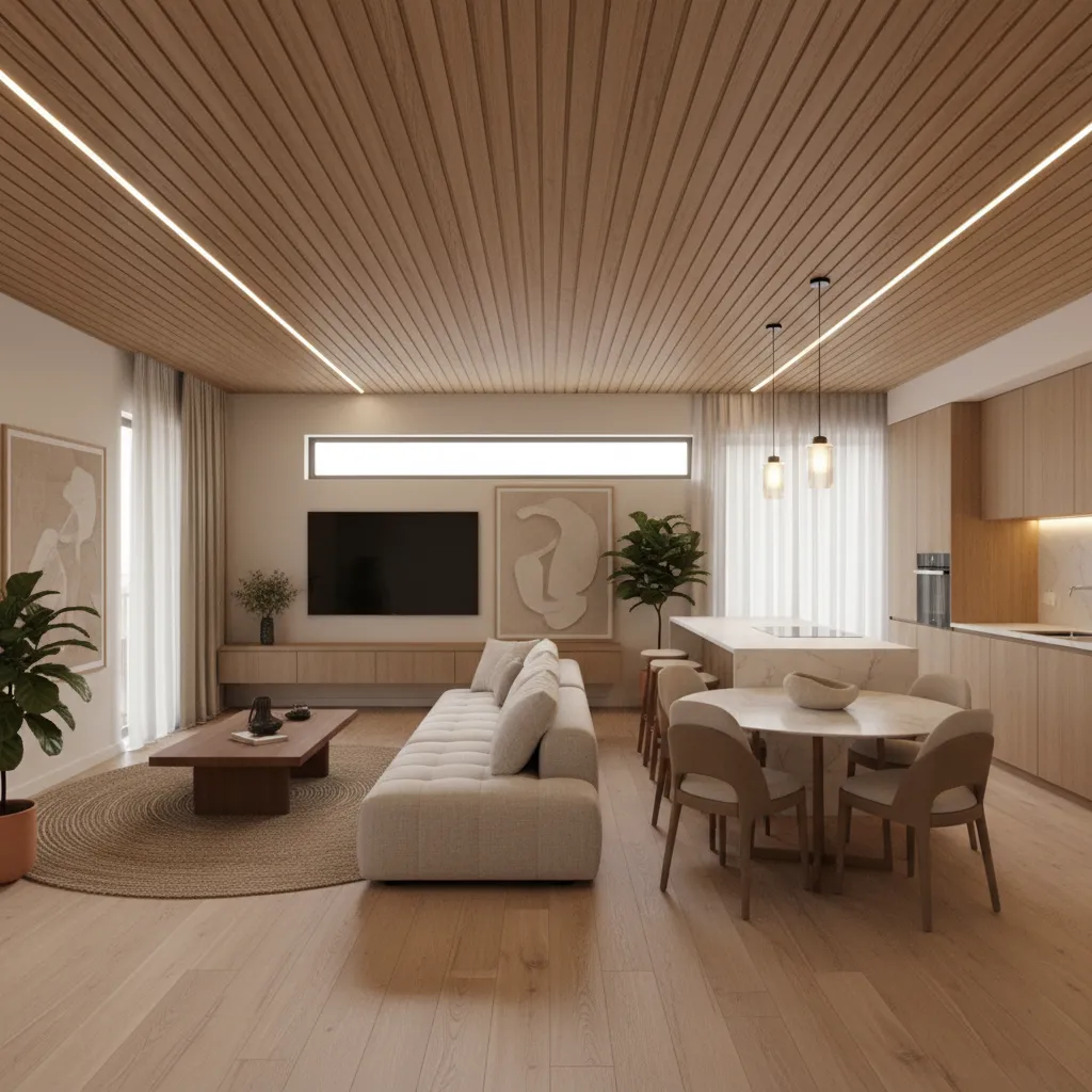 Không gian nội thất phòng khách bếp nhà phố 6x15m hiện đại