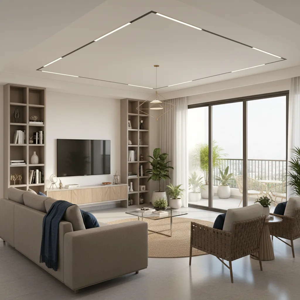 Spacious modern living room inside a 4 BHK flat in Noida Extension
