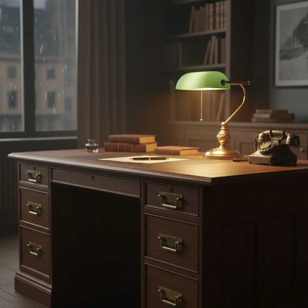 vintage wooden detective desk with drawers and paperwork
