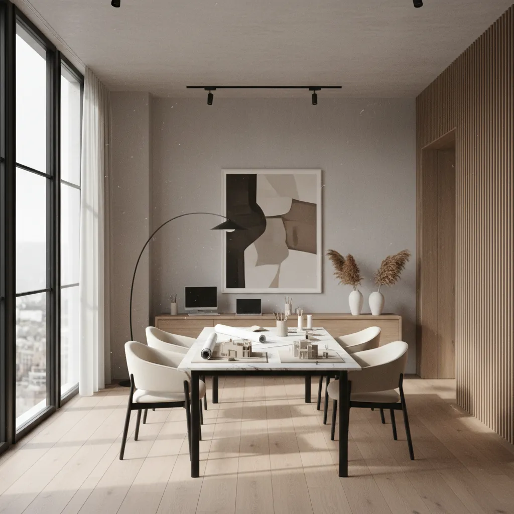 Estudio de interiorismo moderno con ambiente elegante y minimalista