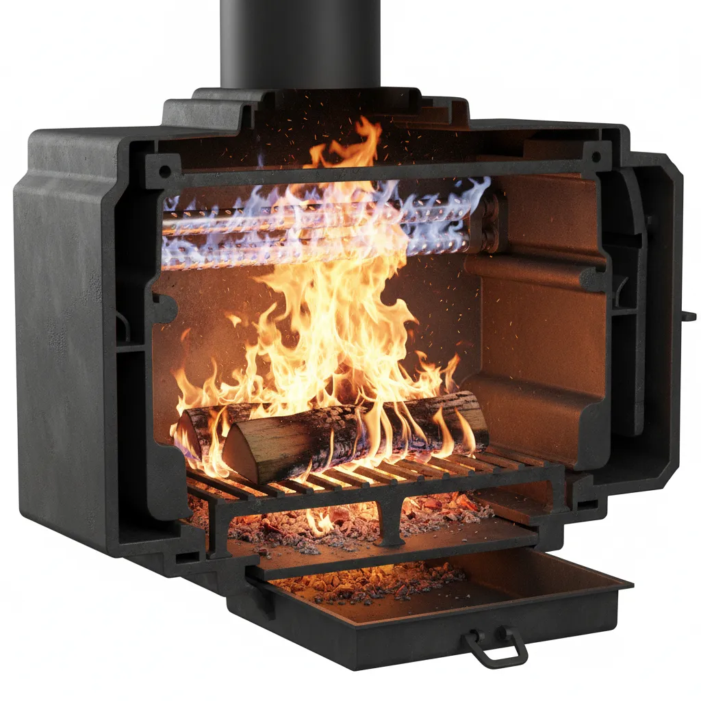 Interior firebox view showing secondary combustion tubes in a non catalytic wood stove