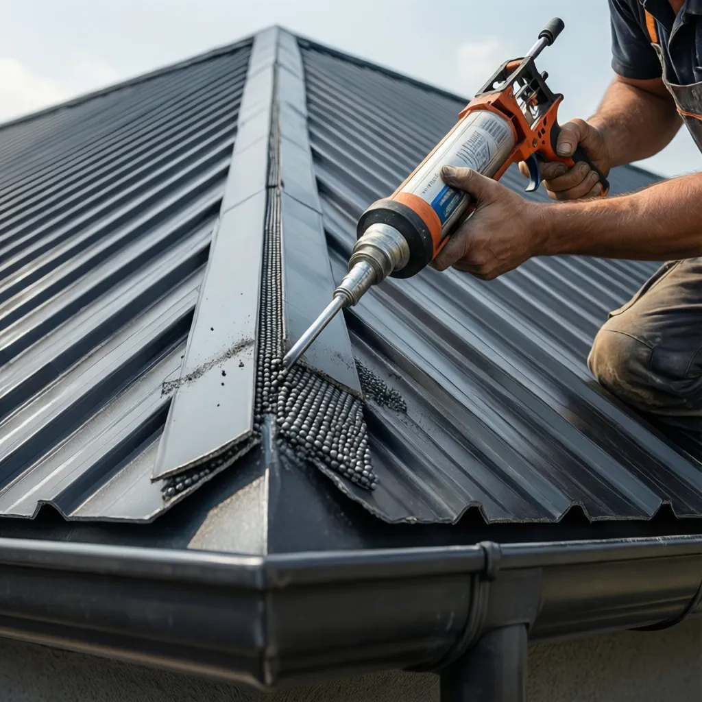 non sag roof sealant applied to vertical metal flashing seam