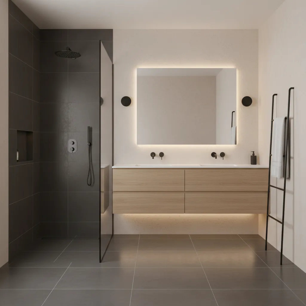modern bathroom featuring matte dark porcelain flooring with good traction