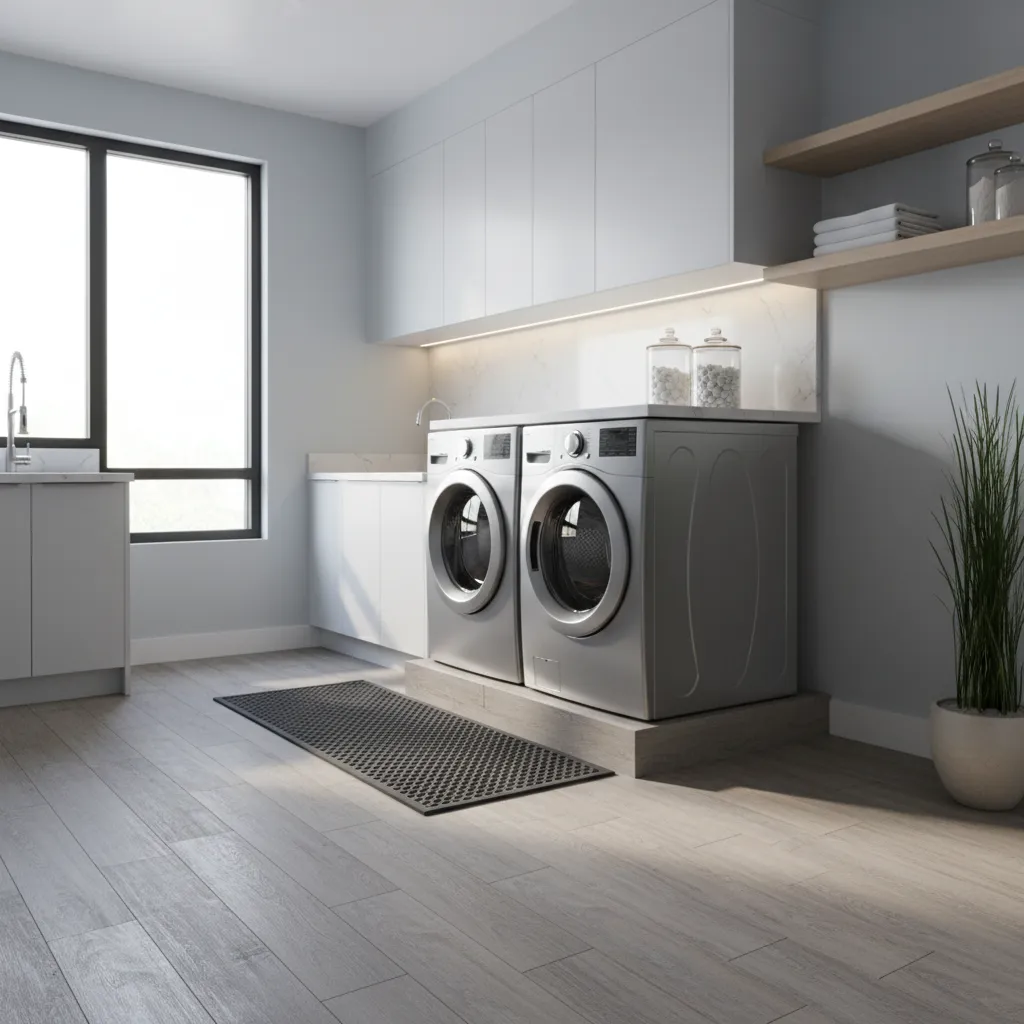 Modern laundry room with washing machine dryer grey non slip mat and light wood floor