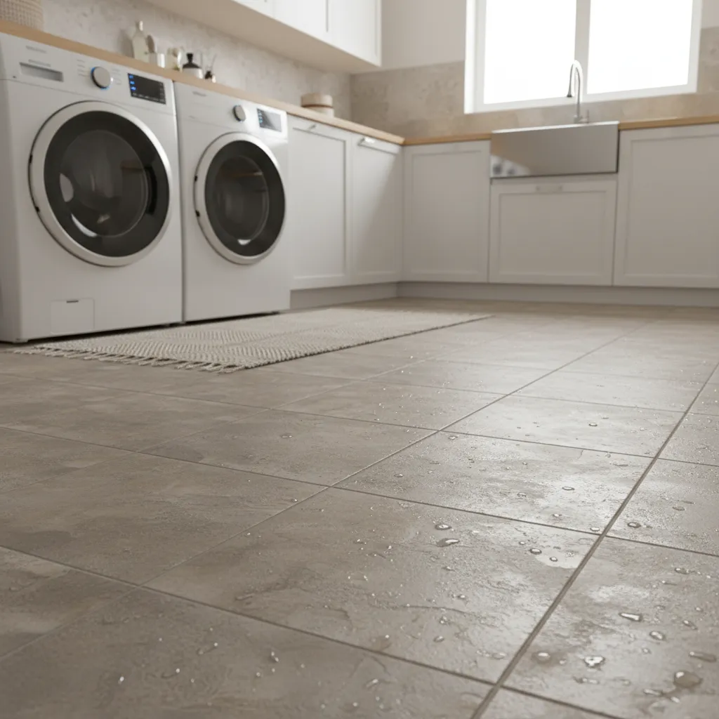 Textured floor tiles with water drops in a laundry room with white washer and dryer