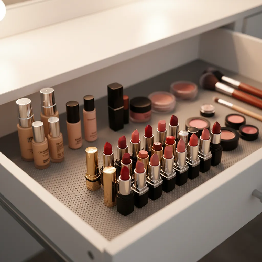 Makeup drawer with textured non slip liner holding cosmetic bottles in place