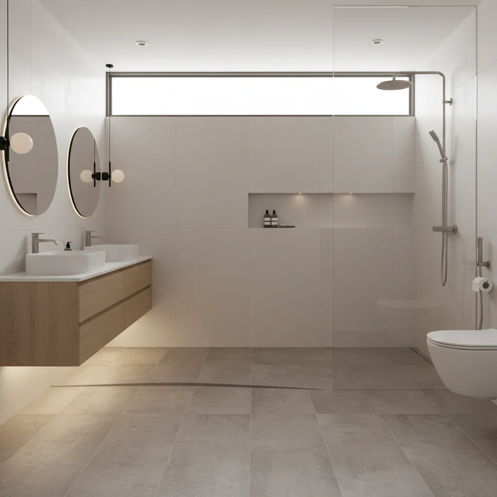 Textured non-slip bathroom flooring near shower and vanity
