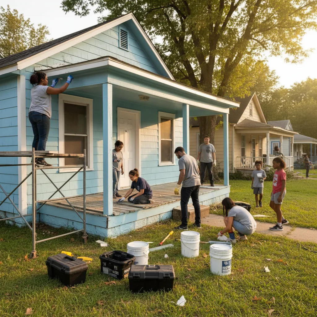 Community volunteers repairing a home for a nonprofit housing project