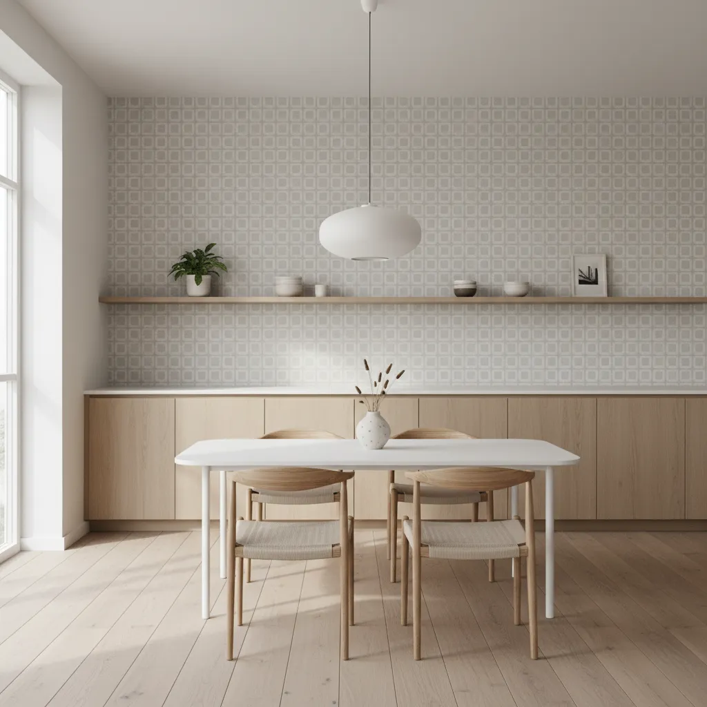 Contemporary kitchen featuring breathable non woven wallpaper on dining wall