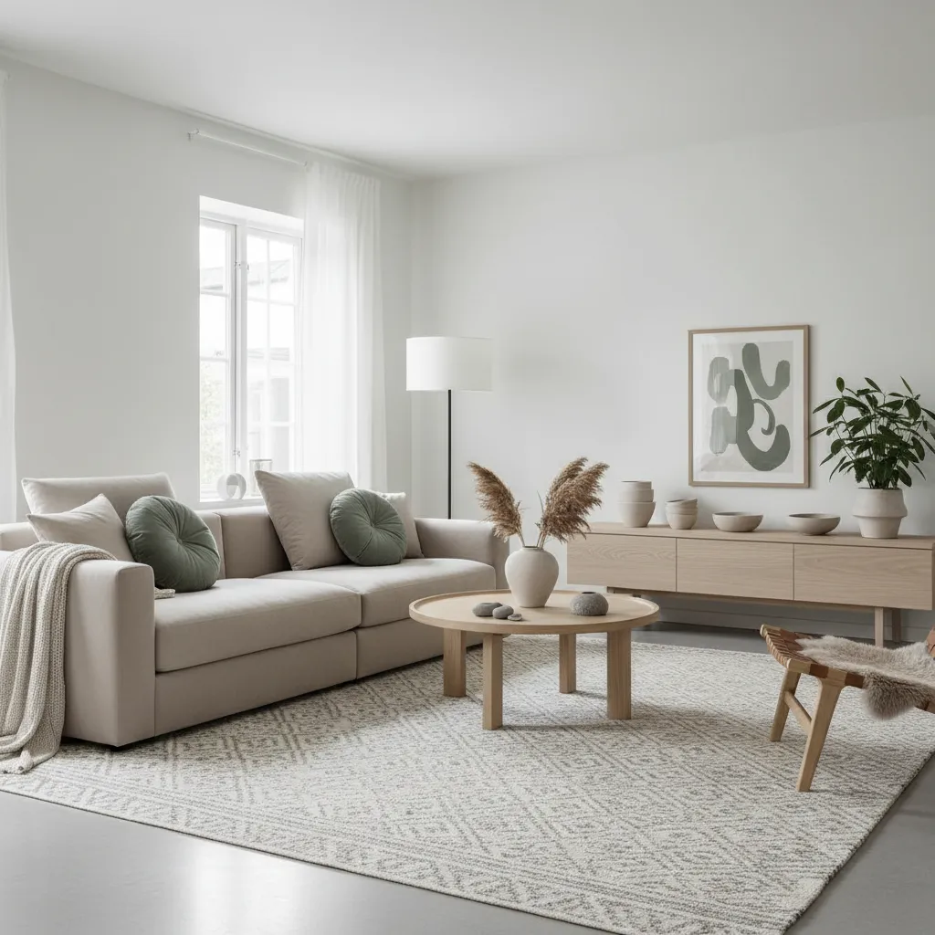 Interior nórdico con paleta de colores blanco, beige y verde suave