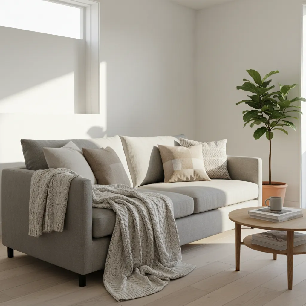 Modern living room with grey sofa knitted blanket pillows potted plant and round coffee table