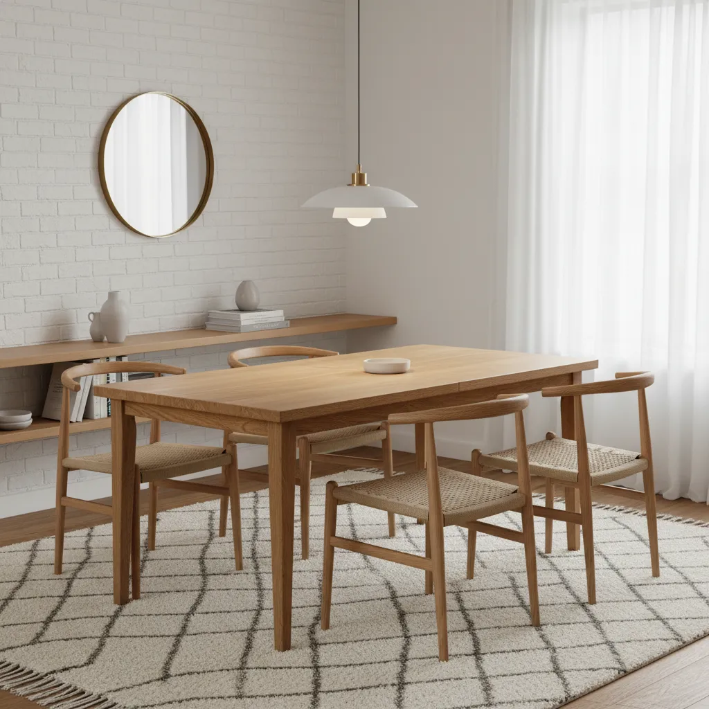 Mesa de comedor escandinava con lámpara colgante sobre la mesa