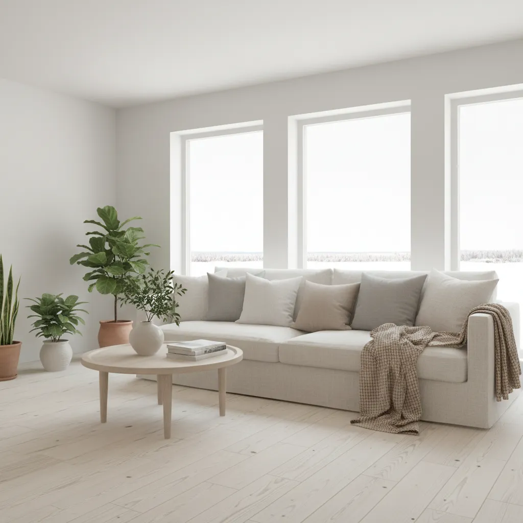 Bright living room with white sofa round wooden coffee table light wood floor and three windows