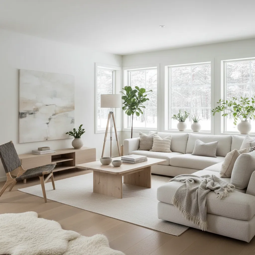 Bright nordic living room with white sofa wooden coffee table floor lamp and large snowy window