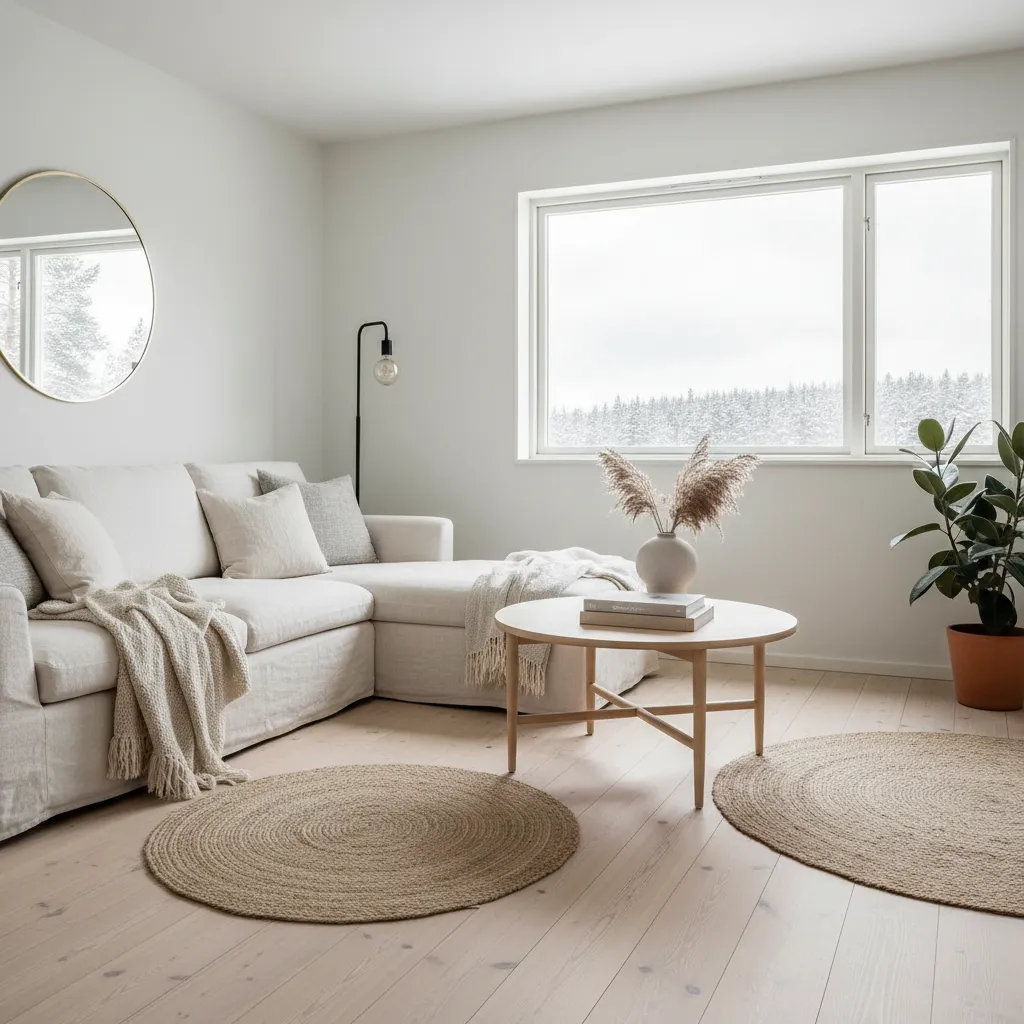 Nordic living room featuring white sofa round coffee table jute rugs large window and mirror