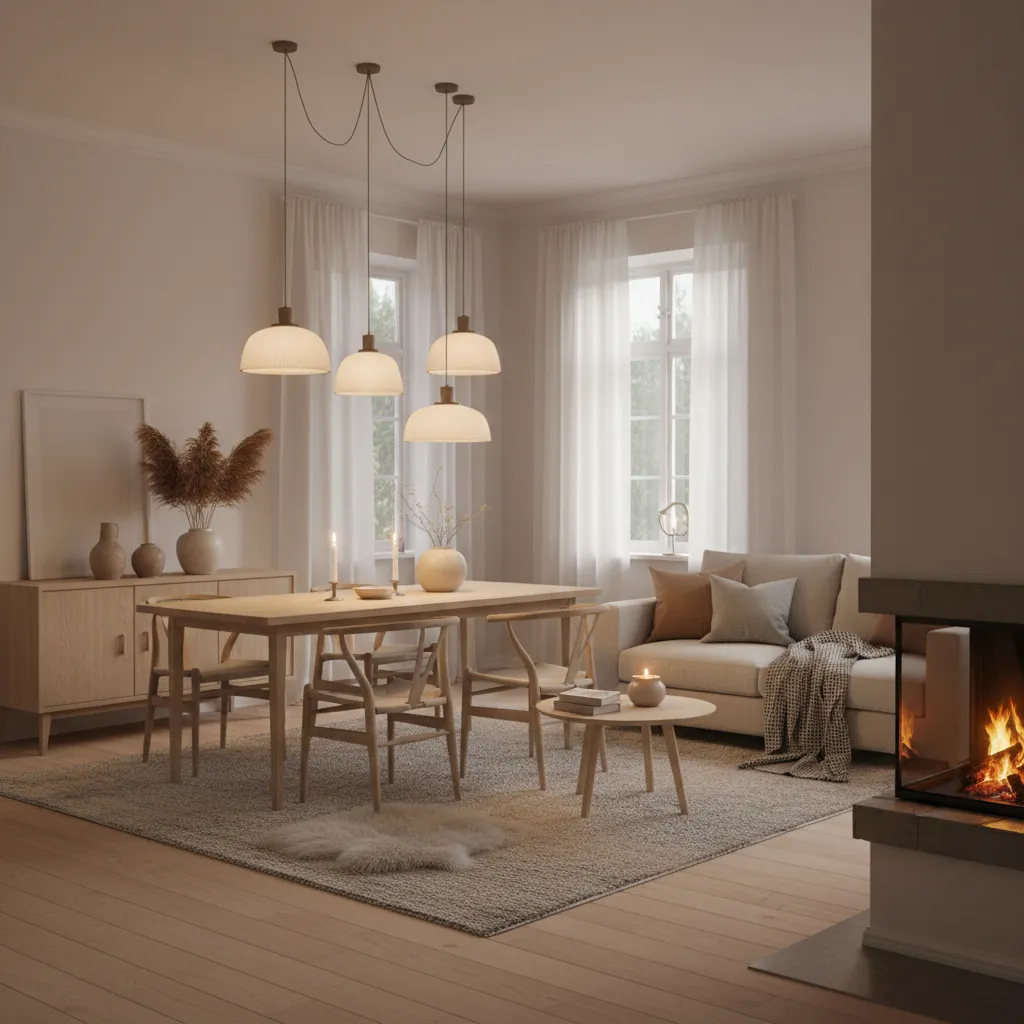 Interior nórdico con iluminación cálida y decoración minimalista