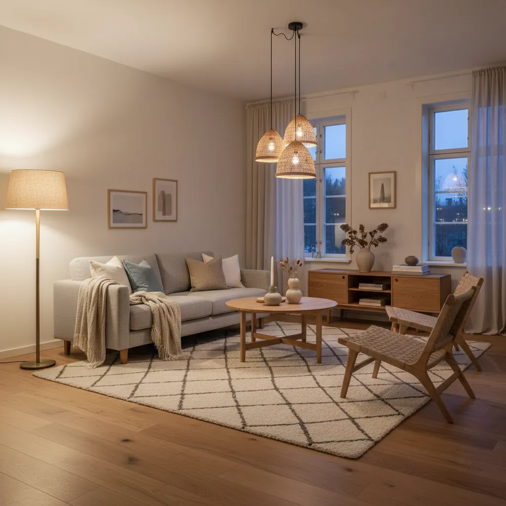 Iluminación cálida en un salón de estilo escandinavo