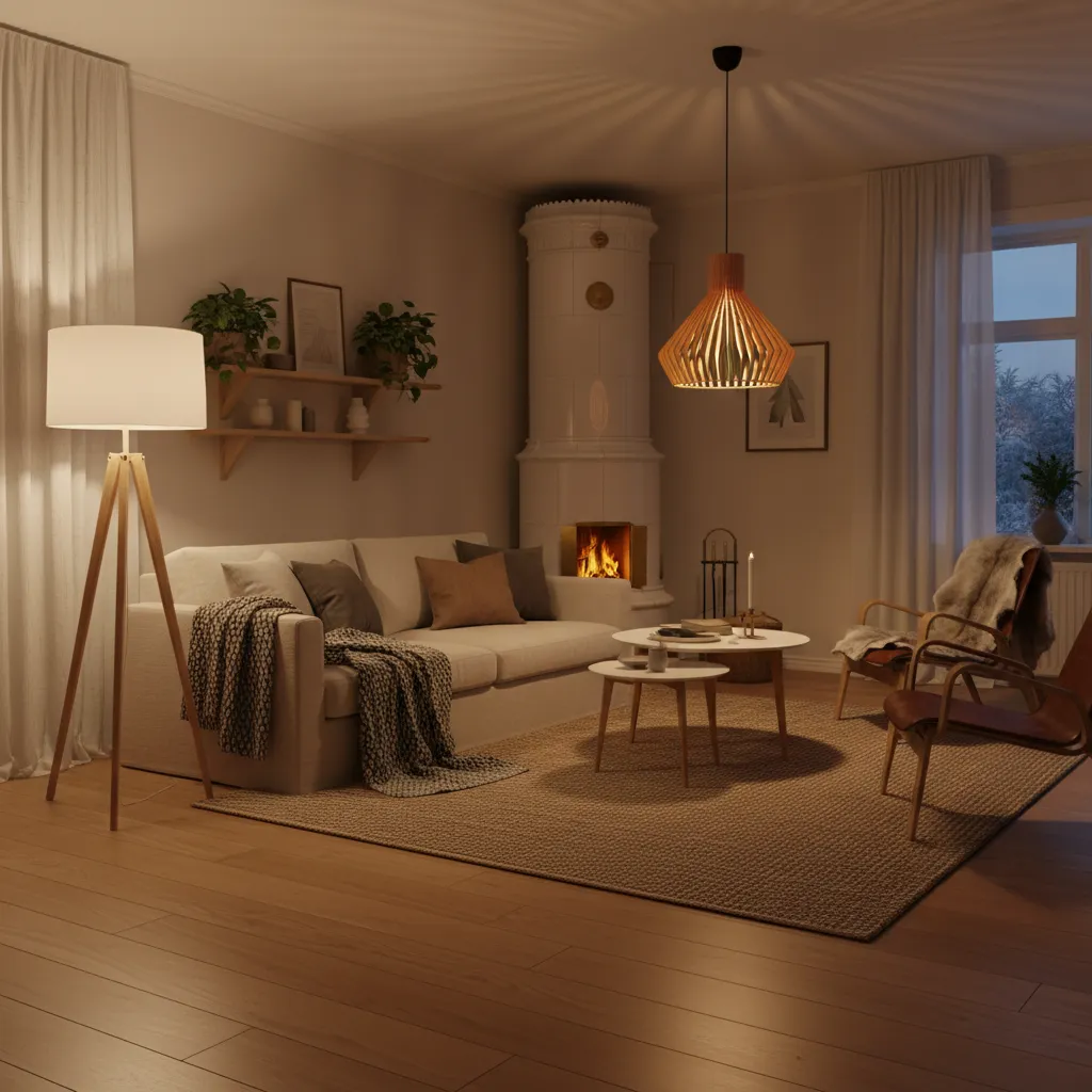 Sala de estar nórdica con iluminación cálida y lámparas modernas