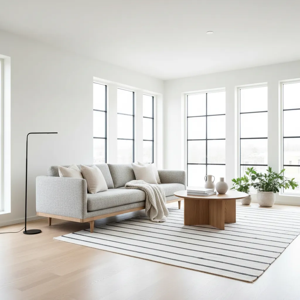 Modern living room with grey sofa striped rug round coffee table black floor lamp and windows