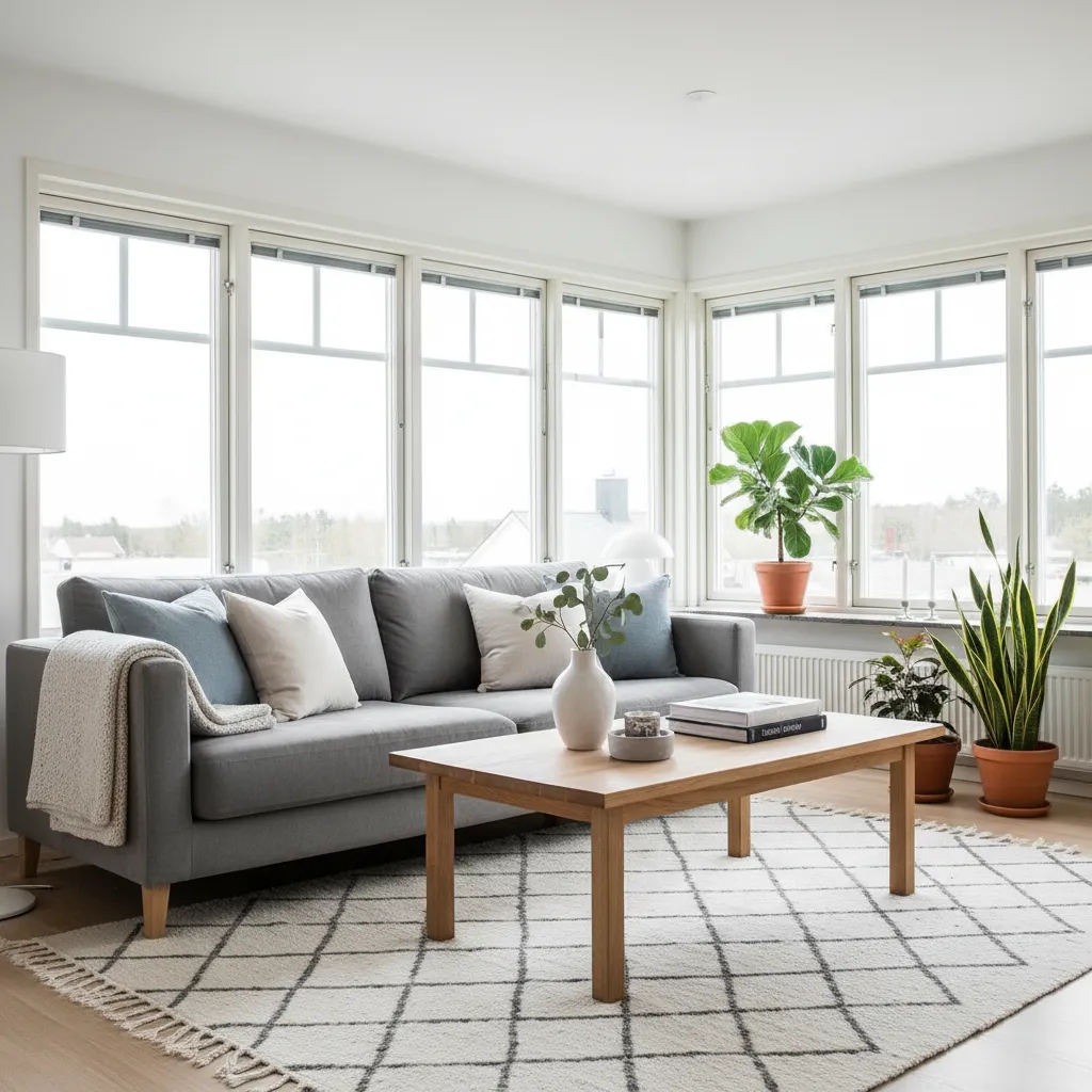 Salón nórdico con sofá gris claro, mesa de madera y grandes ventanas