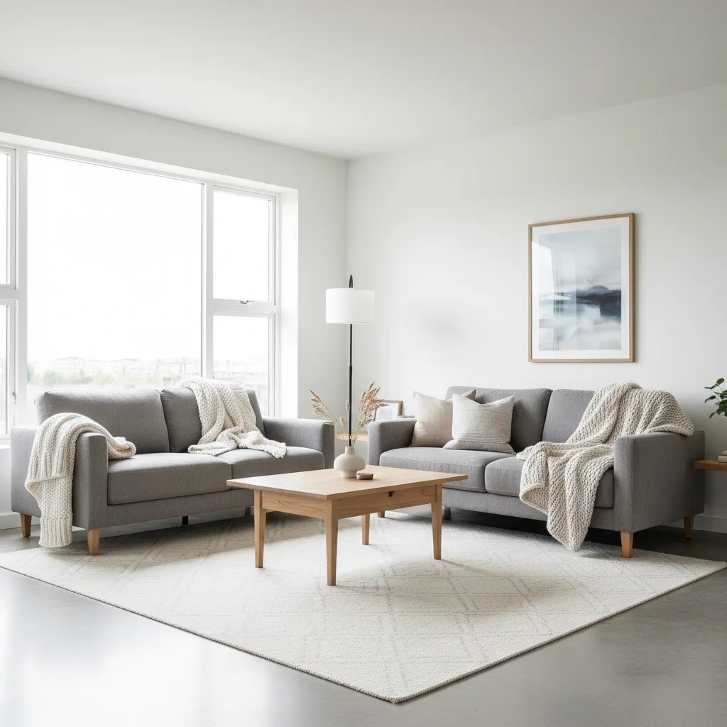 Salón escandinavo con sofá gris claro y mesa de madera natural