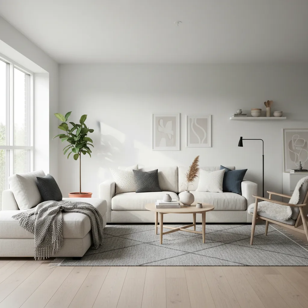 Sala de estar escandinava con suelo de madera clara y decoración minimalista