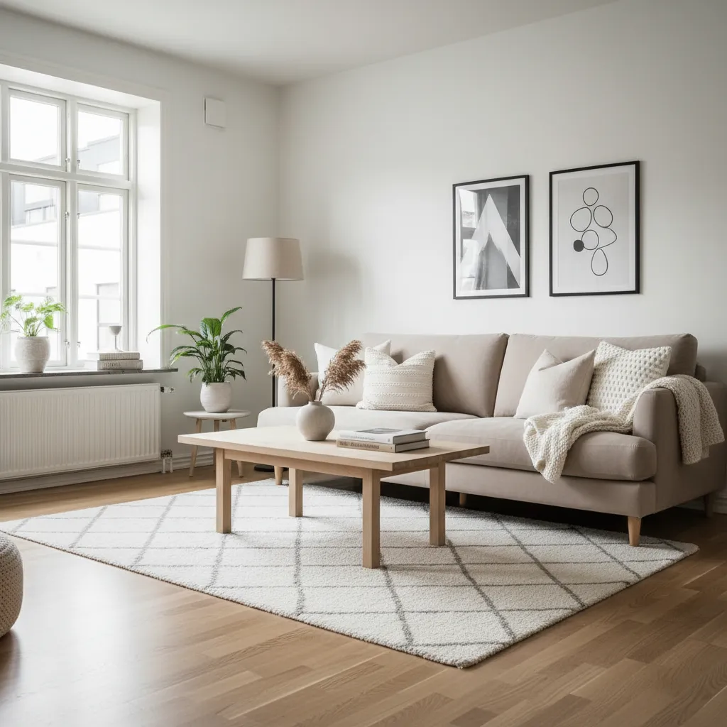 Salón escandinavo con madera clara, sofá neutro y decoración minimalista