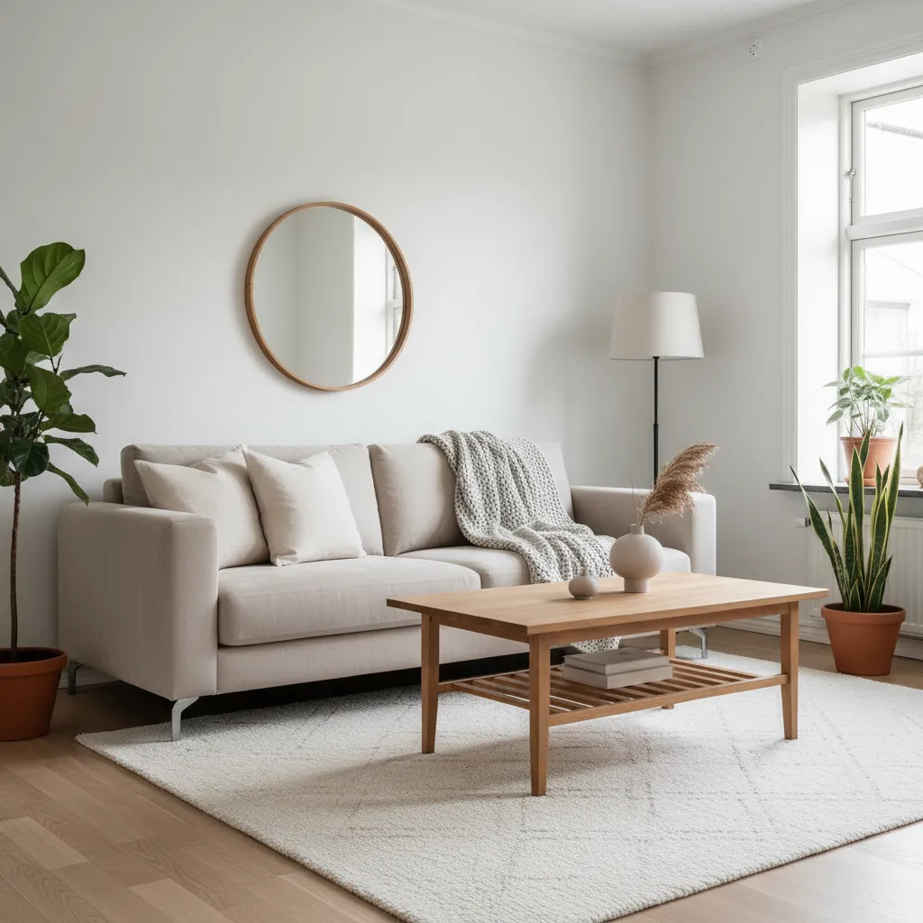 Salón escandinavo con sofá claro, madera natural y textiles cálidos