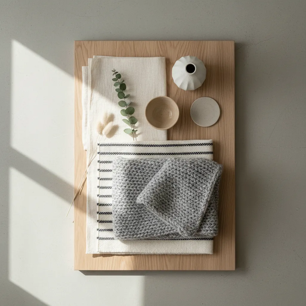 Materiales naturales utilizados en el diseño escandinavo como madera, lino y lana