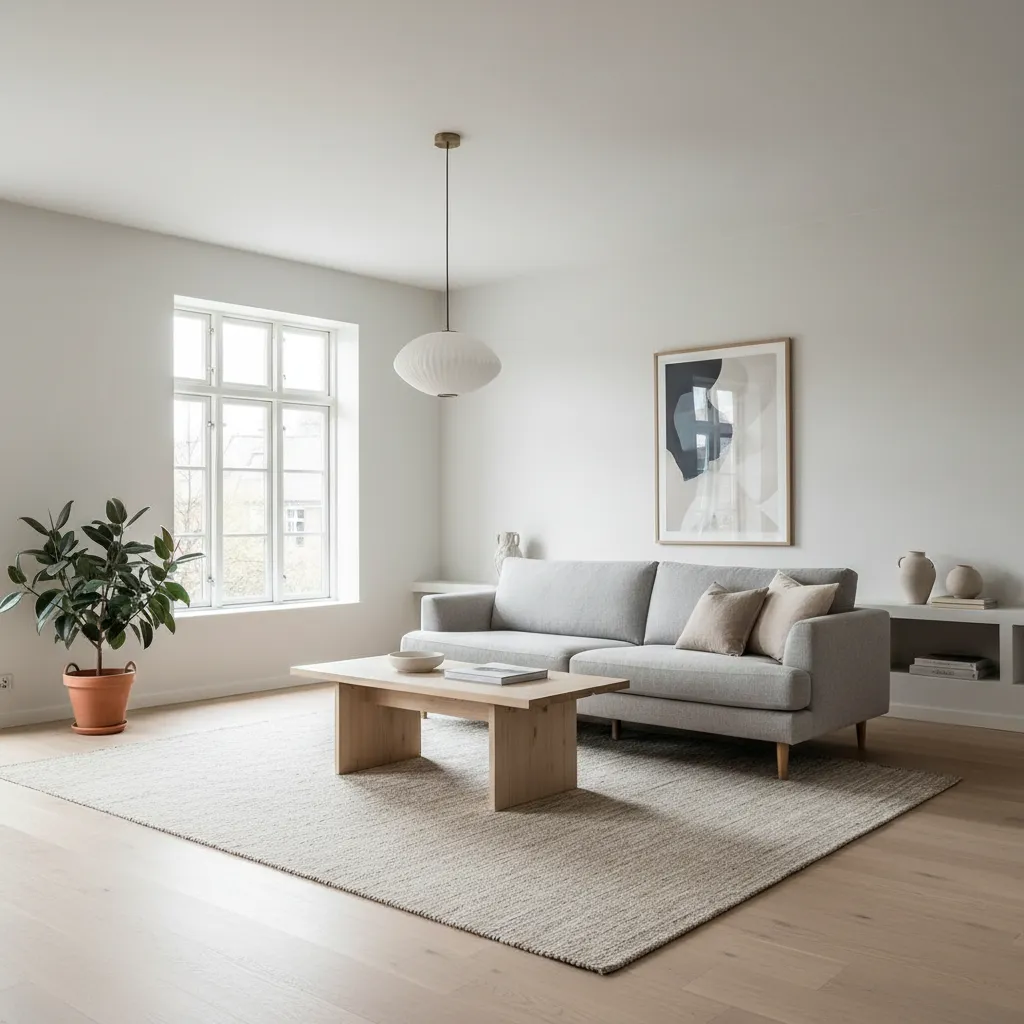 Minimalist living room featuring grey sofa wooden coffee table white ceiling light rug and green plant