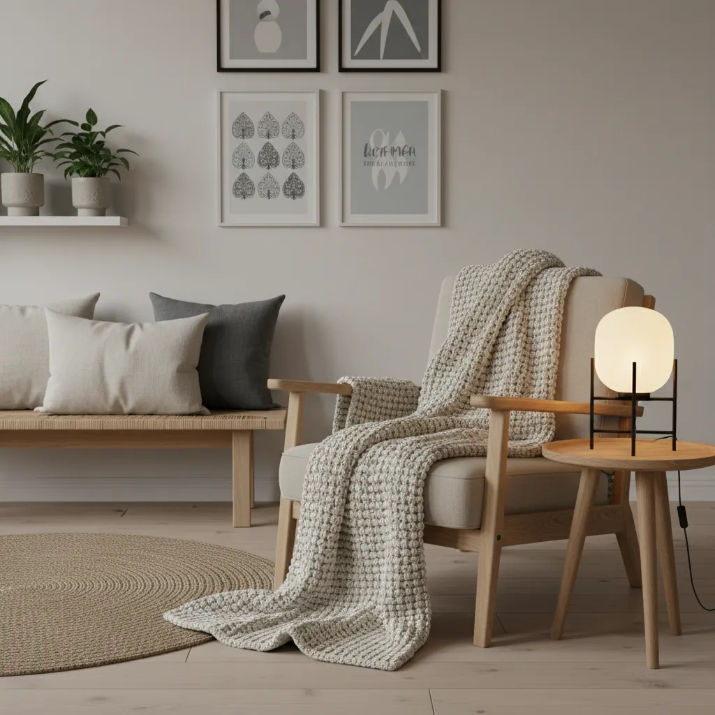Textiles cálidos y lámparas en un interior nórdico acogedor
