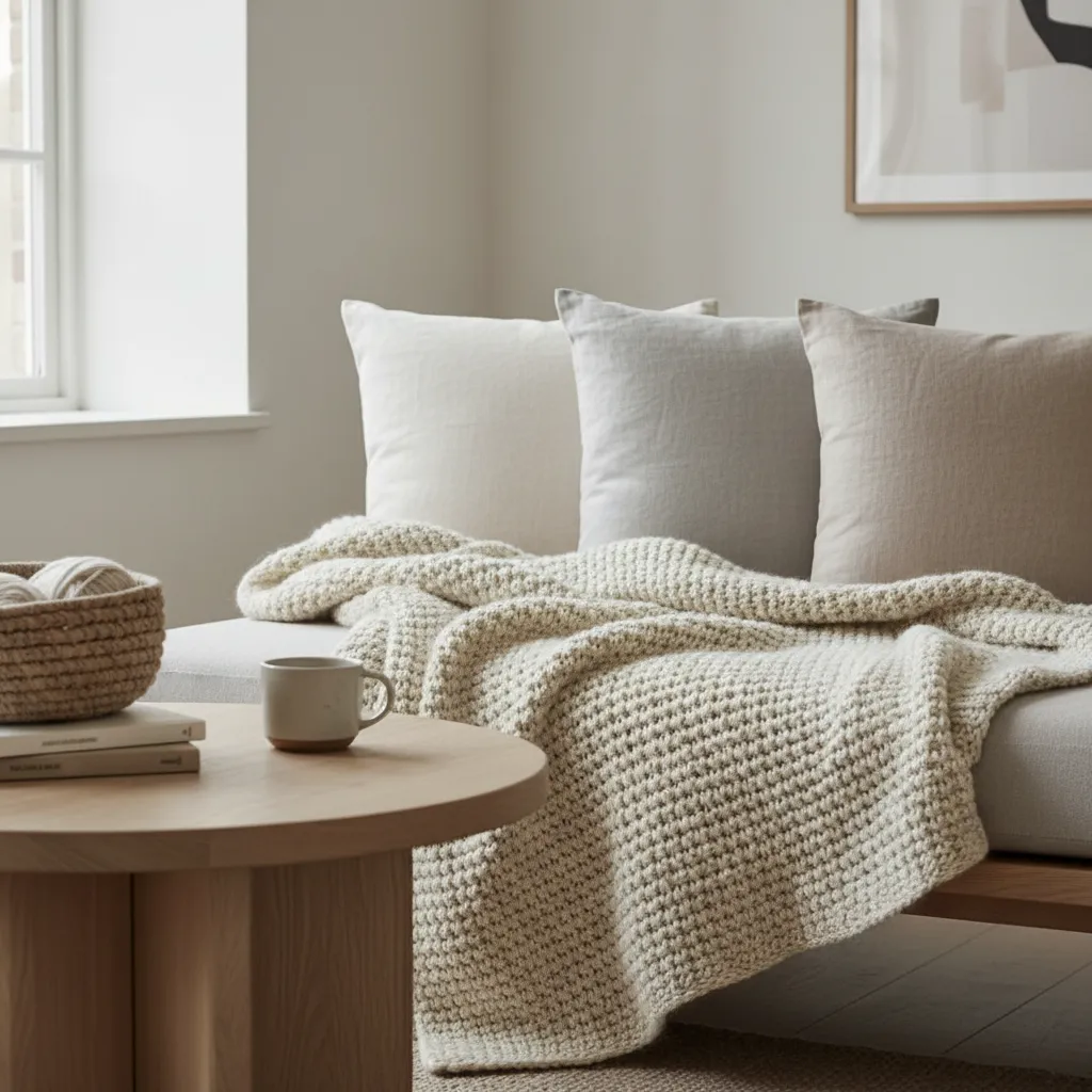 Detalle de textiles y materiales en interior nórdico con manta de lana y madera