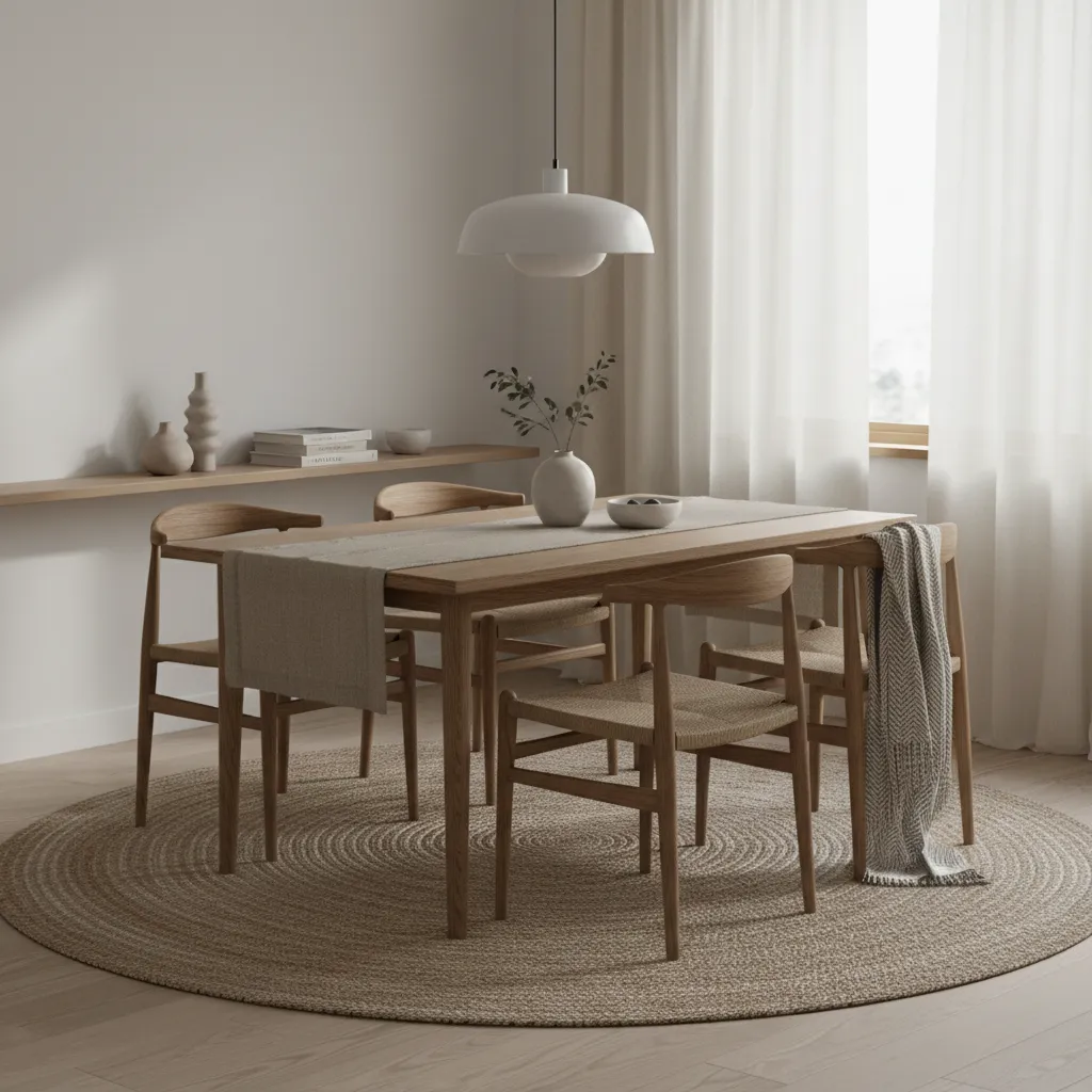 Minimalist dining room with wooden table four chairs round woven rug and white ceiling light