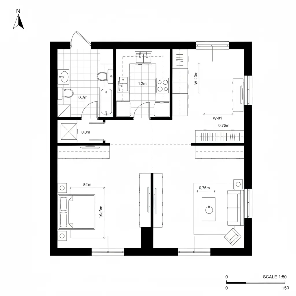 Top-down 2D plan showing a central service spine with galley kitchen and bathroom, living to south and bedroom to north with clear axial sightline